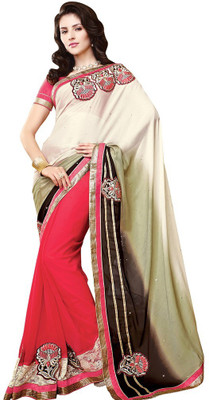 

Desi Butik Embroidered Fashion Georgette Saree(Pink, White), Pink and cream