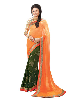 Indianbeauty Printed, Solid Bollywood Pure Chiffon, Pure Georgette Saree(Orange, Green), Green;orange