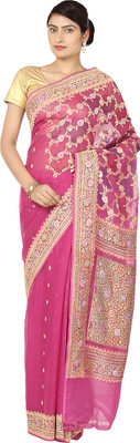 

Zain Textiles Woven Banarasi Handloom Pure Chiffon Saree(Pink, Gold), Gold;pink