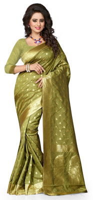 

Pehnava Self Design Banarasi Polycotton Saree(Green)
