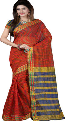 

Ansu Fashion Striped Daily Wear Cotton Linen Blend Saree(Red), Dark red
