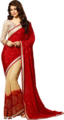 Khushali Self Design, Printed Fashion Silk, Chiffon Saree(Red, Beige, Red
