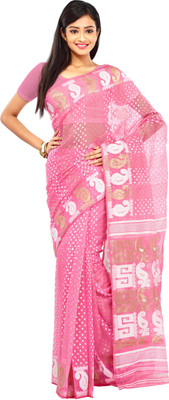

Crochetin Woven Jamdani Handloom Cotton Saree(Pink, White)