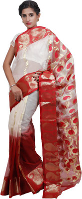 

Adaab Self Design Jamdani Handloom Silk Cotton Blend Saree(Red), Beige;red