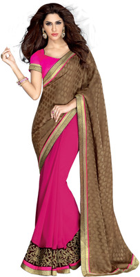 

Khoobee Self Design, Embroidered Fashion Georgette, Satin, Jacquard Saree(Brown, Pink)