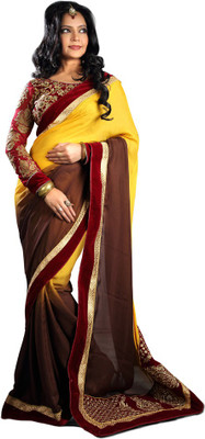 

Indian Wear Online Embroidered Fashion Georgette, Satin Saree(Yellow, Brown), Brown;yellow