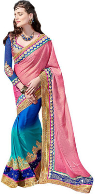

Desi Butik Embroidered Fashion Chiffon Saree(Pink, Blue), Blue;pink