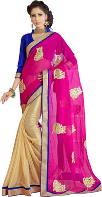 

Khoobee Self Design, Embroidered Fashion Chiffon Saree(Pink, Beige), Beige;pink