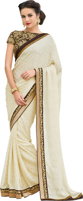 

Manthan Embroidered Daily Wear Satin, Chiffon Saree(White), Cream
