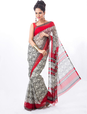 Cenizas Printed Fashion Chiffon Saree(Red, Black)