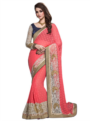 Jiya Self Design, Embroidered, Embellished Fashion Jacquard Saree(Pink, Blue), Blue;pink