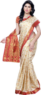 MIMOSA Woven Kanjivaram Handloom Art Silk Saree(White, Maroon)