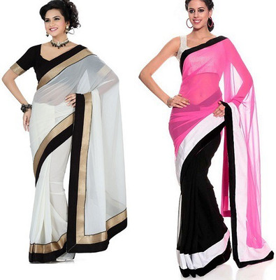 

Rockchin Fashions Plain Bollywood Georgette, Georgette Saree(Pack of 2, Black, White), Pink-black;white