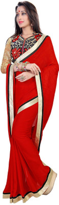 

Silvermoon Solid Fashion Jacquard Saree(Red), Red;beige&black
