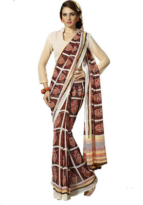 

Ishin Printed Fashion Georgette Saree(Brown), Brown & off white
