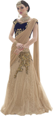

Jiya Self Design, Embroidered, Embellished Fashion Net Saree(Beige, Blue)