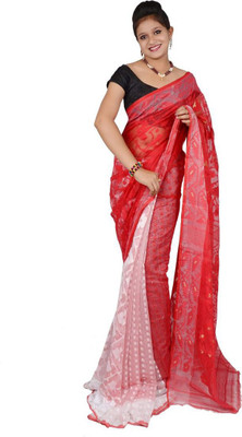 

Debjani's Creation Floral Print Jamdani Cotton Saree(Multicolor), Red-white