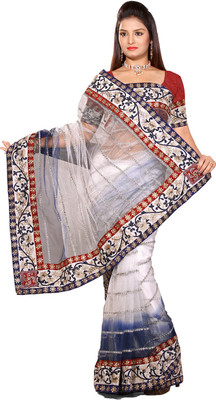 

Ishin Embroidered Fashion Net Saree(White), White & navy blue