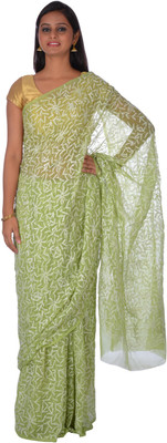 

Knool Embroidered Lucknow Chikankari Handloom Georgette Saree(Green), Mehndi green