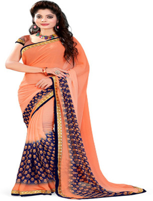 

Avaran fashion Printed Bollywood Chiffon Saree(Orange, Blue), Multi