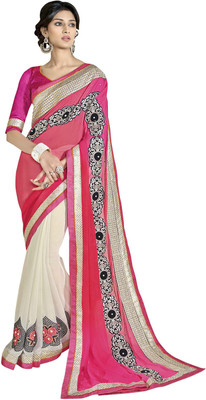 

Jiya Self Design, Embroidered, Embellished Fashion Chiffon, Georgette Saree(White, Pink), Pink;white