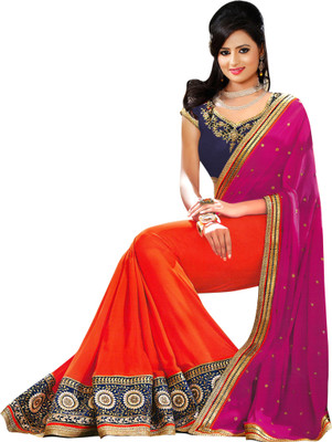 

Party Wear Dresses Embroidered Fashion Georgette Saree(Pink, Orange), Orange;pink