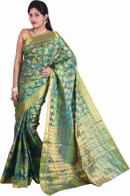 Mimosa Self Design Kanjivaram Silk, Jacquard Saree(Multicolor), Rama