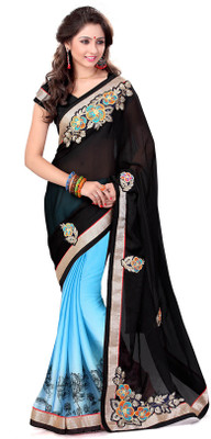 

Sourbh Sarees Solid Fashion Georgette, Satin Saree(Black, Light Blue), Black;sky blue