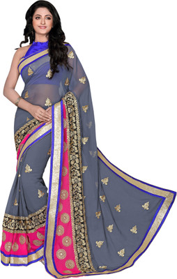 

Khushali Self Design, Embroidered Fashion Georgette Saree(Grey, Pink, Black), Black;grey;pink