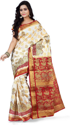 

Mimosa Woven Kanjivaram Handloom Art Silk Saree(White), Halfwhite