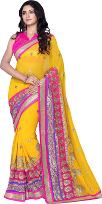 

Khoobee Self Design, Embroidered, Embellished Fashion Georgette Saree(Yellow, Pink, Purple), Pink;purple;yellow