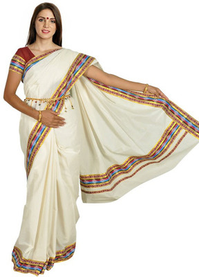 

Fashionkiosks Self Design, Embroidered Balarampuram Handloom Cotton Saree(Multicolor), Cream