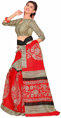 Urban Vastra Floral Print Bhagalpuri Kota Cotton Saree(Red)