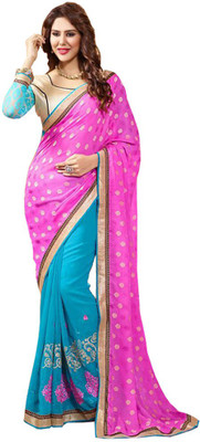 

Parisha Embroidered Fashion Georgette, Jacquard Saree(Pink, Blue), Blue;pink