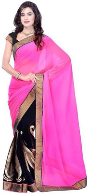 

Ishin Solid Fashion Georgette Saree(Black), Black & pink