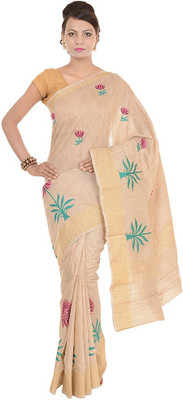 

Kdc Sarees Embroidered Banarasi Handloom Cotton Saree(Gold), Tussar