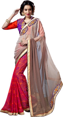 

Khoobee Self Design, Printed, Embellished Fashion Georgette Saree(Brown, Orange, Purple)