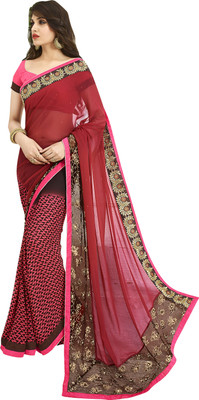 Khushali Self Design, Embellished Fashion Georgette Saree(Red, Brown, Pink), Brown;pink;red