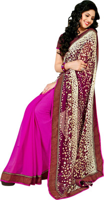 

Saara Printed Fashion Georgette Saree(Pink, White), Pink & off-white