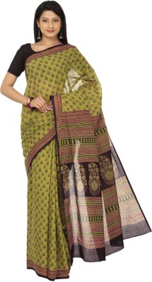 Kalakari India Printed Bollywood Handloom Cotton Blend Saree(Green, Maroon, Black)