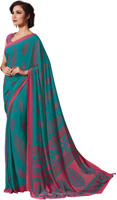 Ishin Printed Fashion Crepe Saree(Blue), Blue & pink