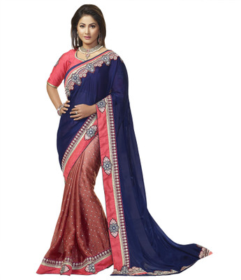 

Khoobee Self Design, Embroidered, Embellished Fashion Jacquard, Georgette Saree(Blue, Brown, Pink)