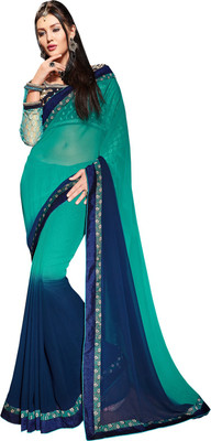 Lovely Look Embroidered Daily Wear Georgette Saree(Green, Blue), Sea green & blue