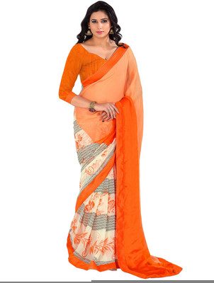 

Parisha Printed Fashion Chiffon Saree(Orange, Beige), Beige;orange