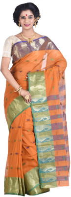 

Purabi Woven Tant Handloom Cotton Saree(Orange), Brown