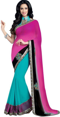 

Desi Butik Embroidered Fashion Georgette Saree(Purple, Blue), Violet and turquoise