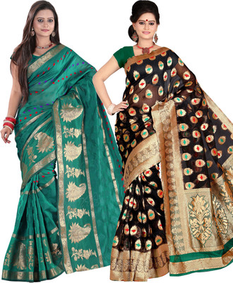 

It's Banii Woven Banarasi Handloom Banarasi Silk Saree(Pack of 2, Green, Black), Black;light green