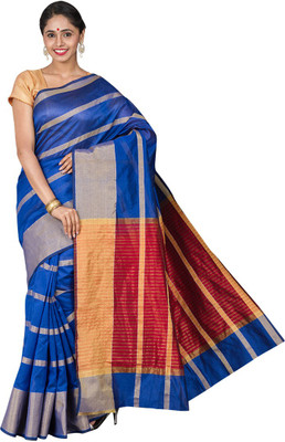 

Pavechas Striped Banarasi Silk Cotton Blend Saree(Blue), Purple