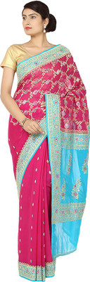 

Zain Textiles Woven Banarasi Handloom Pure Chiffon Saree(Pink, Blue), Blue;pink