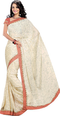 

Jiya Self Design, Printed Fashion Crepe, Art Silk Saree(White)
